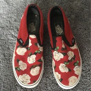 Woman 9.5 slip on Vans with red suede panel